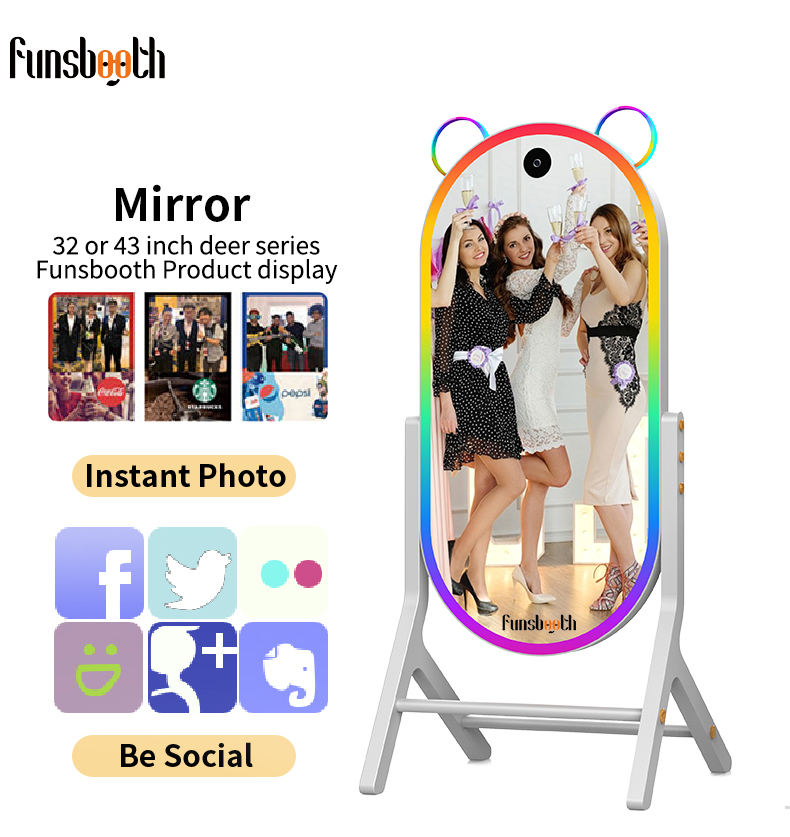 Selfie 360 photo booth mirror stand with rainbow LED ring and funsbooth logo