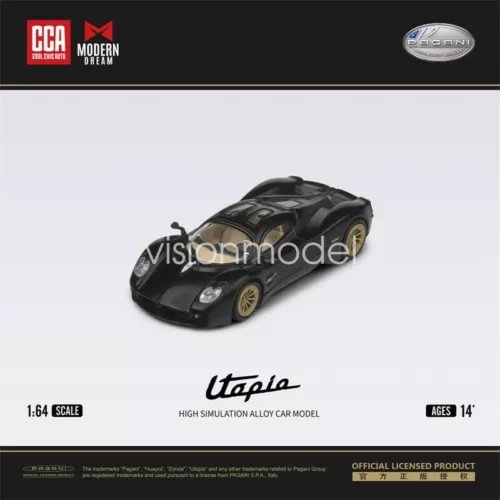 1:64 diecast model car of a black Pagani Utopia with gold wheels, front 3/4 view