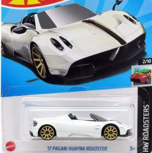 White diecast roadster model car in blister pack, gold wheels, front three-quarter view