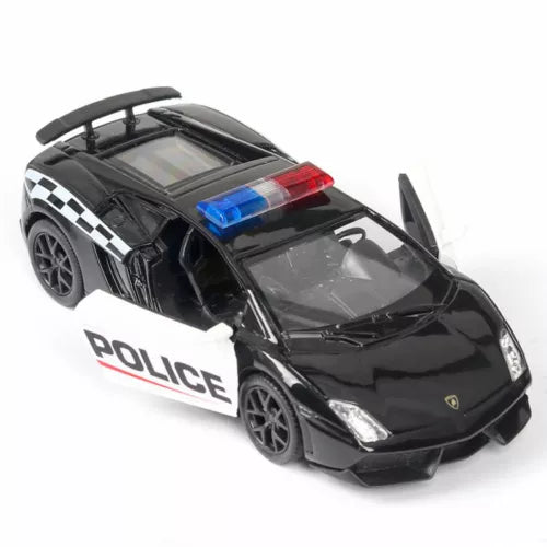 Lamborghini Gallardo police diecast toy car, black with POLICE stripe and blue light