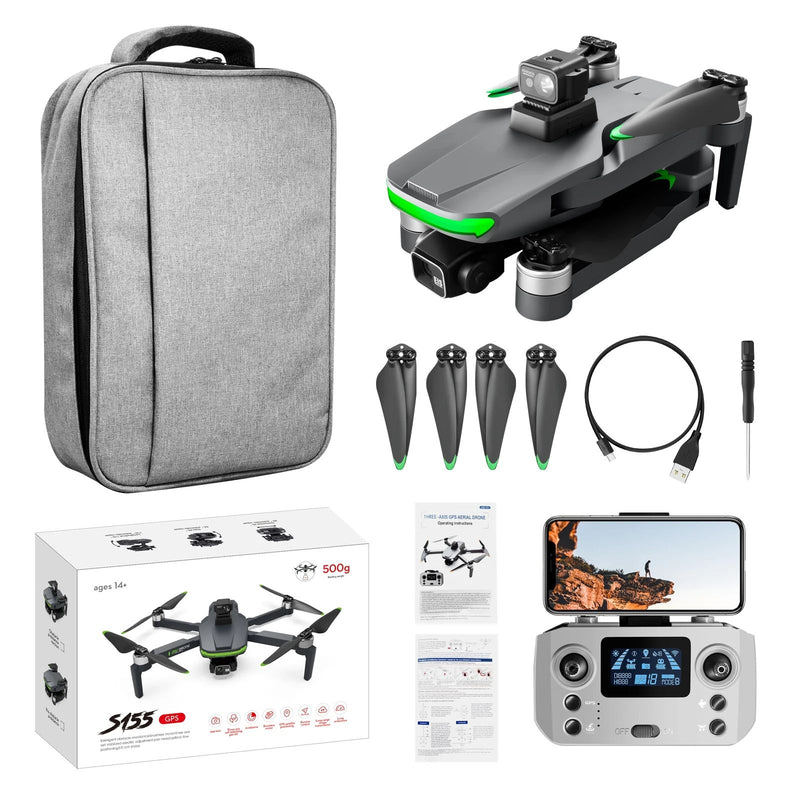 Folding GPS drone with dual camera, controller and propellers, in storage bag