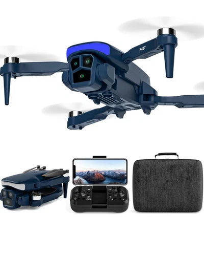 Blue and black drone with built-in camera, controller with screen and carrying case