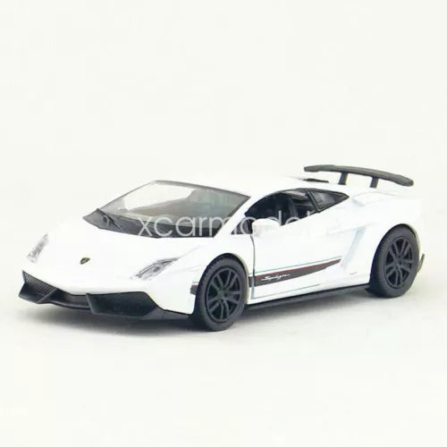 White diecast model car with rear spoiler and black wheels, side view.