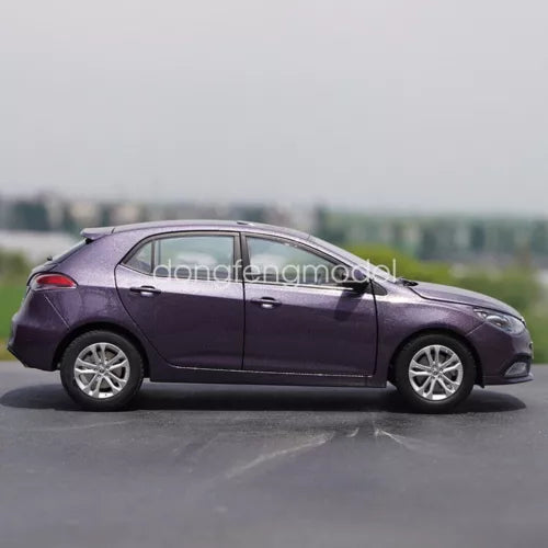 1/18 scale diecast hatchback car, purple with silver wheels, side view
