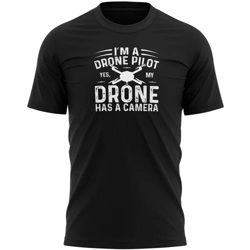 Black men's drone pilot T-shirt with white drone camera graphic