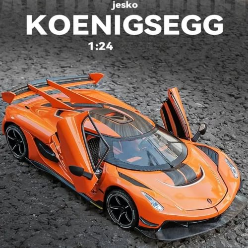 Koenigsegg Jesko 1:24 diecast toy car, orange with raised door and black wheels