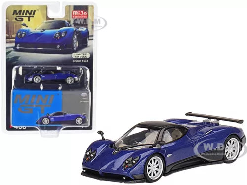 Blue 1:64 diecast model car with Pagani Zonda blister packaging