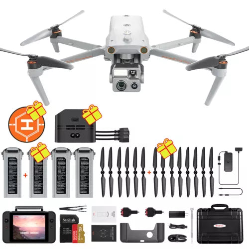 Quadcopter drone with front camera and four propellers, shown with multiple accessories