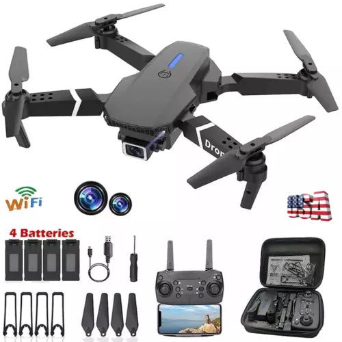 Foldable quadcopter drone with front camera, four propellers, WiFi controller and screen