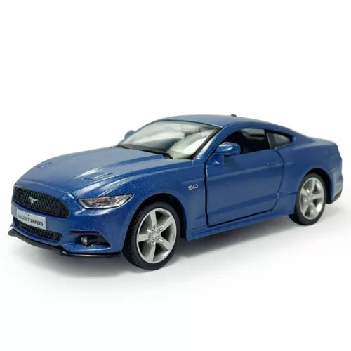 Blue metal diecast model car with pull-back action, front 3/4 view, Mustang styling