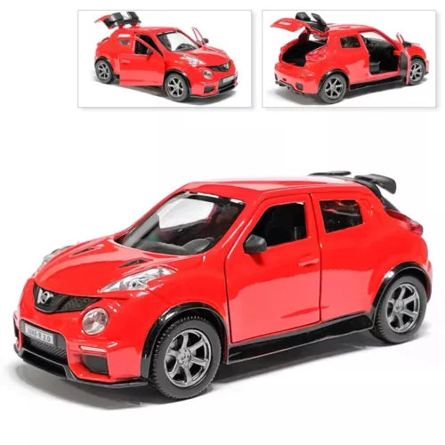 Nissan Juke-R 2.0 metal diecast car, red with black hood and roof, front 3/4 view