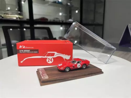 Red 1:64 diecast sports car model with clear display case and wooden base