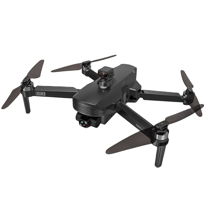 Quadcopter drone with four propellers, black body, and front camera module