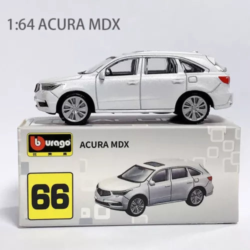 Bburago 1:64 diecast toy car, white Acura MDX with wheel details