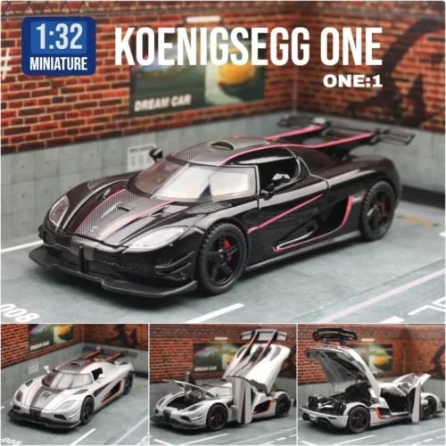1:32 diecast miniature supercar toy, black and silver with red accents, front 3/4 view