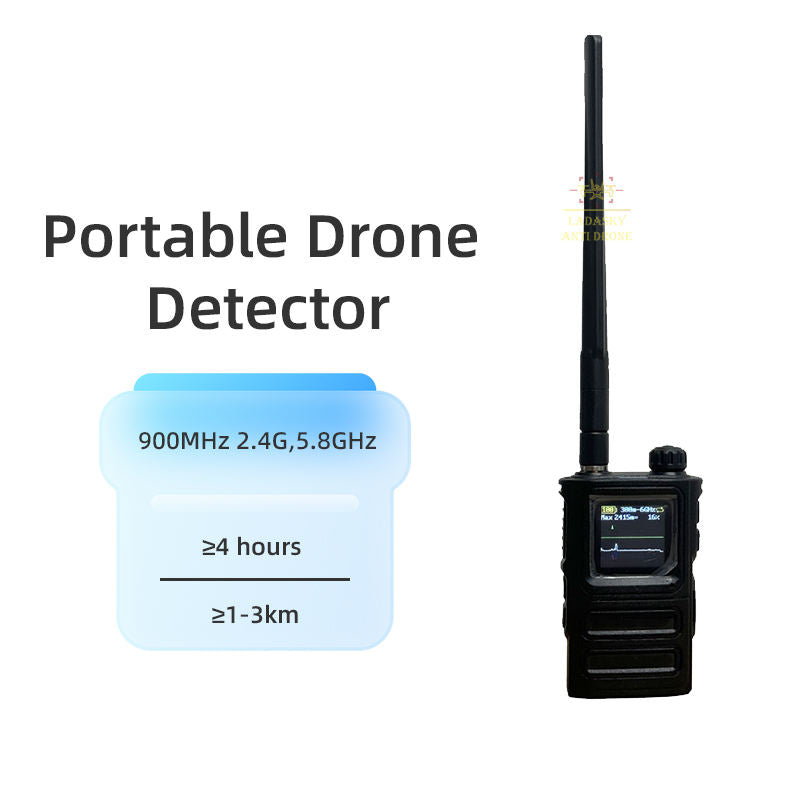 Handheld drone detector with long antenna and small screen, dark plastic body