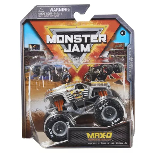 Diecast monster truck toy in blister pack, silver/black with orange accents and MAX-D