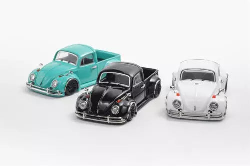 1:64 beetle pickup diecast model car toy, three colors: teal, black, and white