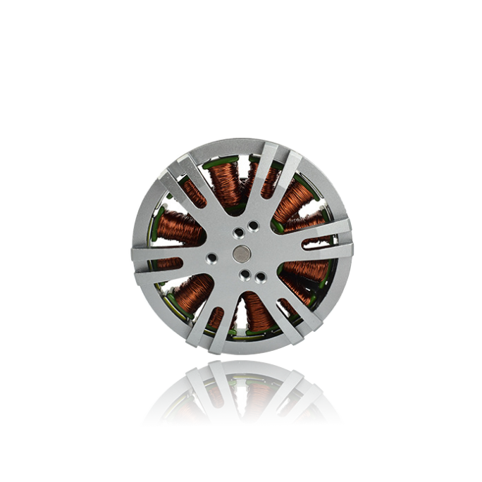 External rotor brushless motor with copper coil windings and silver fan-style rotor