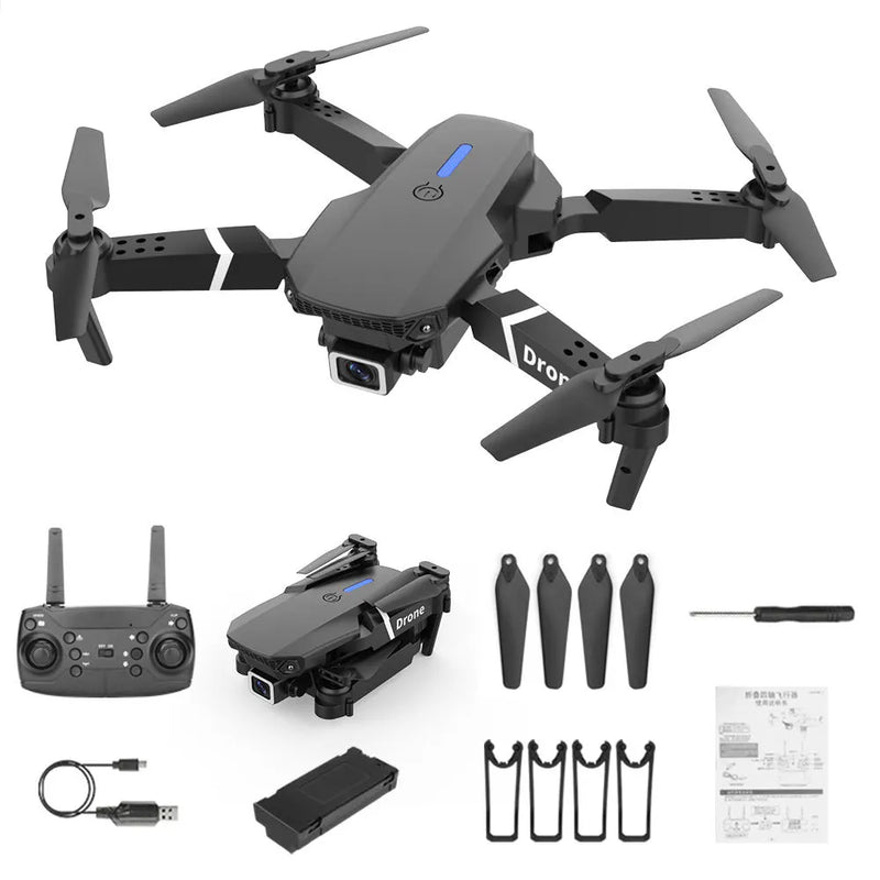 Small dark drone with camera, controller, 4 propellers, battery and screwdriver set