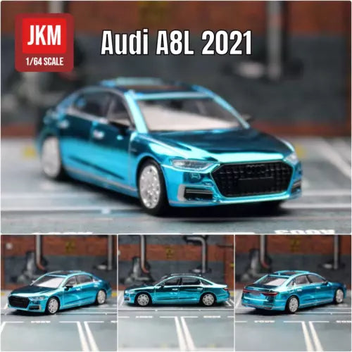 Blue diecast alloy miniature toy car, front 3/4 view, free-rolling wheels