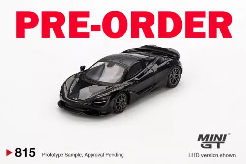 Black sports diecast model car, front three-quarter view, detailed wheels and headlights