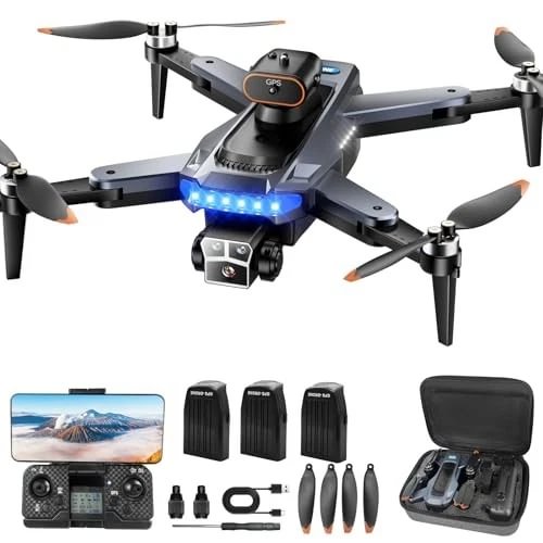 Quadcopter drone with camera, four propellers and blue LED lights, gray body