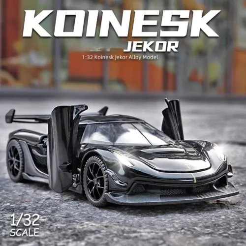 Diecast toy car model with black supercar body and front aero details, 1/32 scale