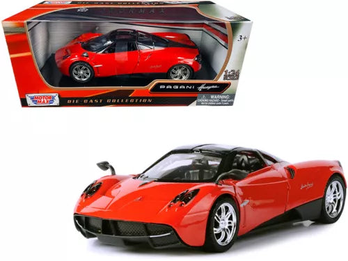 Pagani Huayra 1:24 diecast model car in bright red with chrome wheels