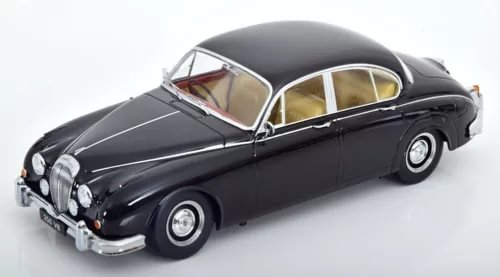 Black diecast model car with open windows, front three-quarter view, 1:18 scale