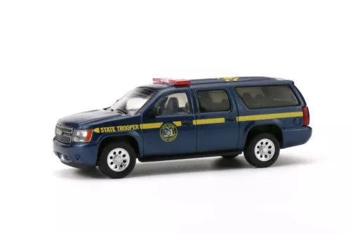 Blue Chevrolet Suburban SUV diecast toy with yellow stripe