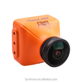 Mini FPV camera with orange housing and front lens
