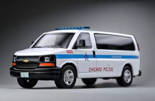 1:64 scale police van diecast metal toy car, white with blue stripe