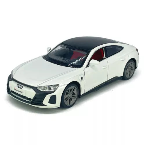 White Audi RS e-tron GT 1/36 die-cast model car with black wheels, front 3/4 view