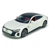 White Audi RS e-tron GT 1/36 die-cast model car with black wheels, front 3/4 view