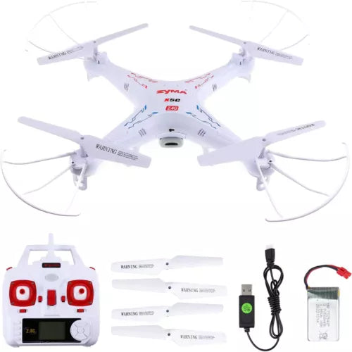 White quadcopter drone with camera, remote controller and charging accessories