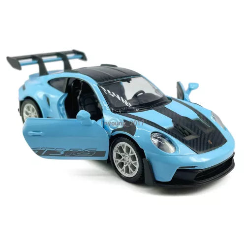 1:36 scale blue diecast model car with open door and rear spoiler