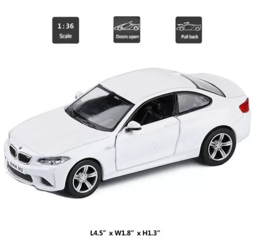 1:36 BMW M2 coupe die-cast model car, white, front three-quarter view