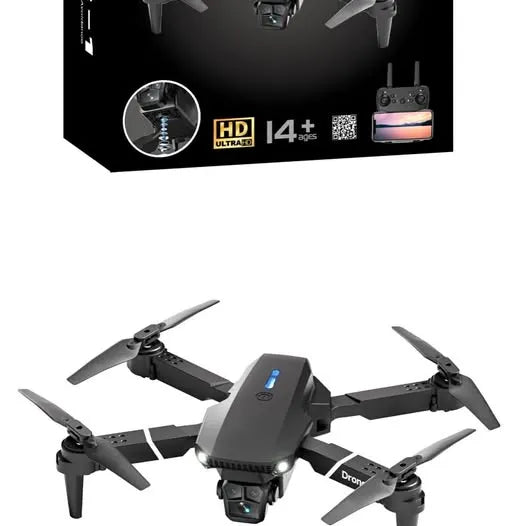 Quadcopter drone with dual-lens HD camera, dark gray body, four propellers