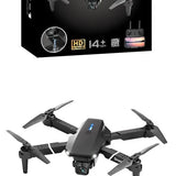 Quadcopter drone with dual-lens HD camera, dark gray body, four propellers