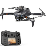 Foldable quadcopter drone with dark gray remote controller and screen, four propellers