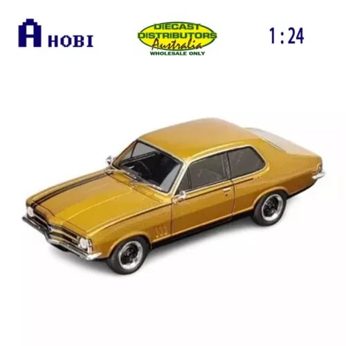 1:24 yellow Holden Torana diecast model car, front-left 3/4 view