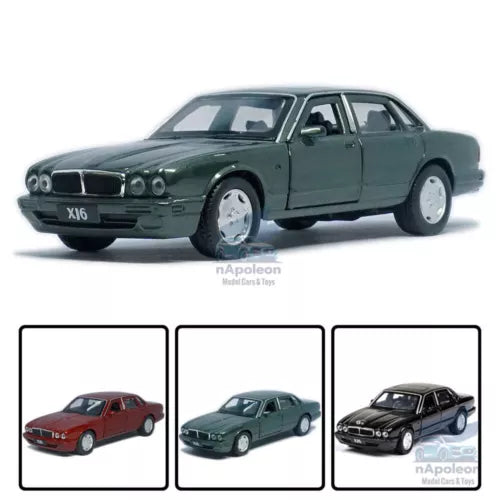 Vintage Jaguar XJ6 diecast model car, dark green 1/36 scale, alloy details.