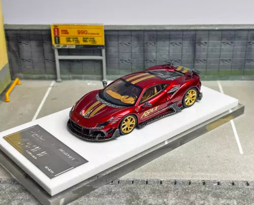 1:64 red racing sports diecast car model with gold wheels and black hood