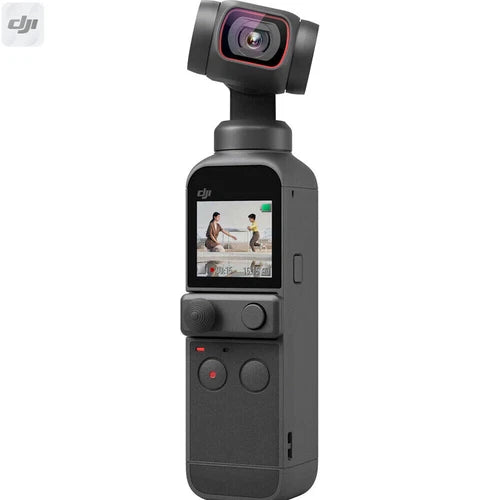 Black DJI Pocket 2 camera gimbal with front screen and lens