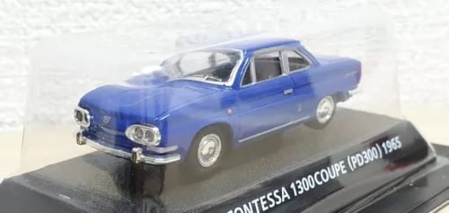 Blue 1965-style Toyota Hino Contessa 1300 coupe diecast model on display base