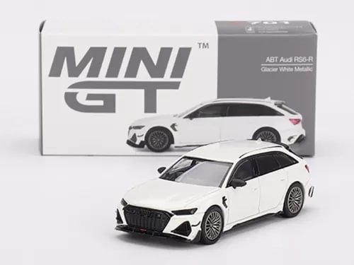 Mini GT 1:64 diecast Audi RS6-R model car, Glacier White, front and side.