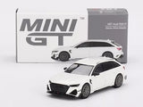 Mini GT 1:64 diecast Audi RS6-R model car, Glacier White, front and side.