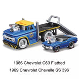 Blue diecast flatbed trailer model with yellow top and attached classic car