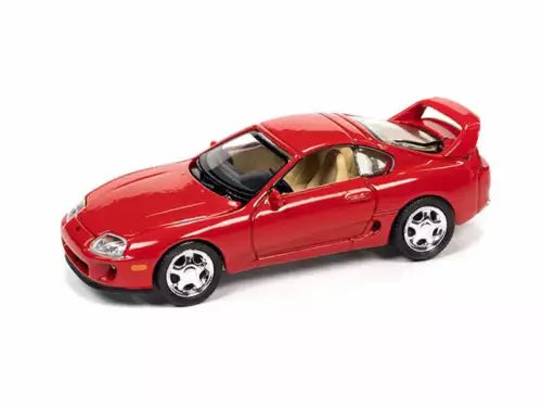 Red sports coupe diecast model car with black windows and chrome wheels